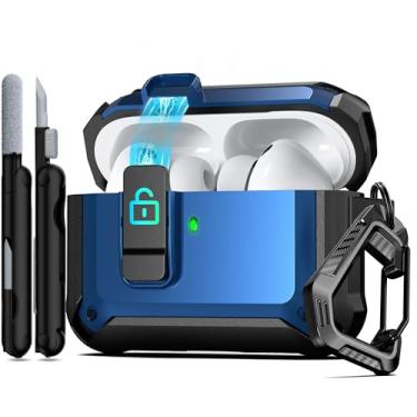 Imagem de RFUNGUANGO Capa protetora para AirPods Pro 3ª geração, com clipe de trava de segurança e capa pop-up automática, capa protetora rígida à prova de choque para AirPods Pro 3 (2025) - azul