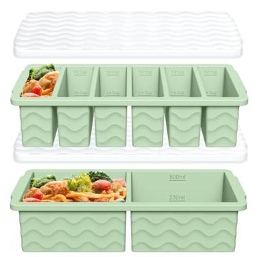 Imagem de Pacote com 2 bandejas de silicone para freezer com tampa, 2 formas grandes de 2 xícaras (500 ml) e 6 formas pequenas de 1/2 xícara (125 ml), bandeja de cubos de gelo para preparação de refeições e