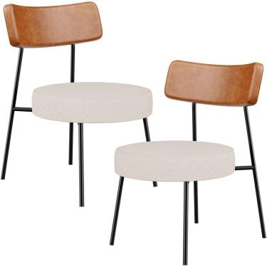 Imagem de Kit 02 Poltronas Decorativas Para Sala De Estar Fixa Londres L02 Couríssimo Camel Linho Cru - Lyam