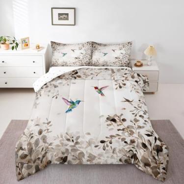 Imagem de Erosebridal Conjunto de edredom casal beija-flor para crianças, meninos e meninas, conjunto de cama com folhas de aquarela marrom, inserção de edredom para casal, beija-flor, colcha rústica para