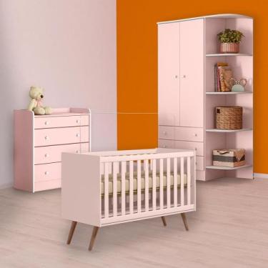 Imagem de Berço Mini Cama Retrô, Cômoda Trocador e Guarda Roupa Rosa - Qmovi