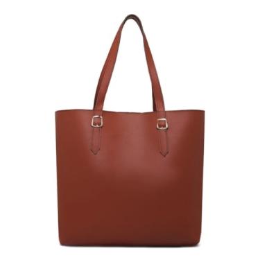Imagem de Bolsa Sacola Grande de Ombro Feminina, Couro Sintético, Preta, Branca, Marrom, 40x34x10cm, Alça Dupla com Fivelas (Caramelo)