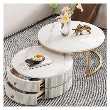 Imagem de Mesa de centro de design simples, mesa de centro redonda de 68 cm, conjunto de 2 mesas modernas com mesa de mármore falso e moldura de metal resistente, com gavetas de armazenamento, mesa de chá