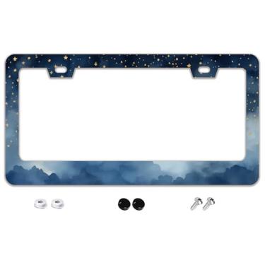 Imagem de Quadro de placa de carro de céu estrelado noturno galáxia aço inoxidável acessórios para carro decoração com parafusos moldura de placa de carro 2 furos 16 cm x 31 cm para presente para mulheres e
