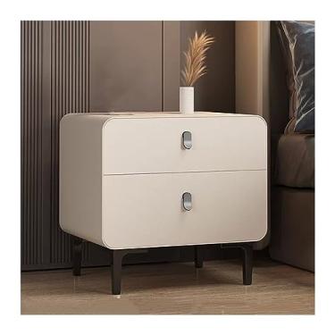 Imagem de Mesa de cabeceira toda de madeira maciça, mesa de cabeceira simples, com duas gavetas, lateral estreita, pequena, armazenamento de cor sólida, gaveta espessa, silenciosa, móvel de cabeceira, mesa de
