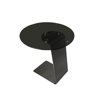 Imagem de Mesa lateral minimalista, moderna, pequena, redonda, mesa circular de vidro temperado, sofá, perna de metal, telefone, mesa de cabeceira, 40 cm para sala de estar, quarto, entrada preta