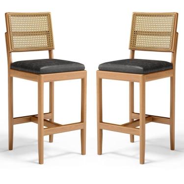 Imagem de Kit Com 2 Banqueta Milena Madeira Maciça Assento Estofado Encosto De Tela Palha Sextavada