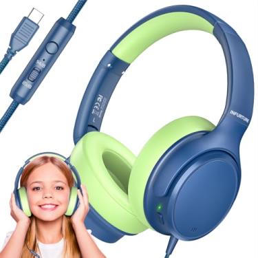 Imagem de INFURTURE Fones de ouvido infantis USB-C com cancelamento de ruído com fio para crianças, fones de ouvido com limite de volume de 85/94 dB, fone de ouvido dobrável com som estéreo para escola/tablet