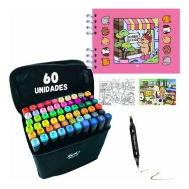 Imagem de Canetas Touch 60 Cores + Livro Colorir Crianças e Adultos