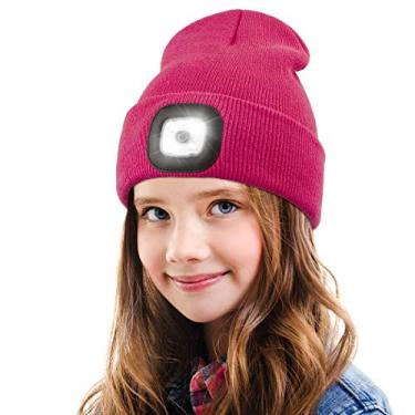 Imagem de Gorro de LED com luz para crianças, unissex, recarregável por USB, mãos livres, 4 lâmpadas de LED, chapéu de inverno, chapéu iluminado à noite, lanterna, presentes para meninos e meninas (rosa vermelha)