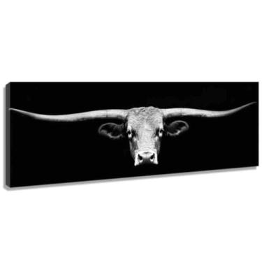 Imagem de QIXIANG Arte de parede em tela de vaca Longhorn grande pintura de gado ocidental animais de fazenda vaca com chifres grandes impressões de imagem decoração de casa (preto, 20 cm L x 60 cm)