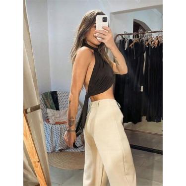 Imagem de A-Lows A&L calca pantalona alfaiataria Sem Faixa Liso Com Anel, Bege, 