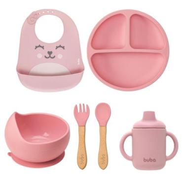 Imagem de Kit Buba Prato Bowl Babador Copo Transição Talheres Bebê, rosa