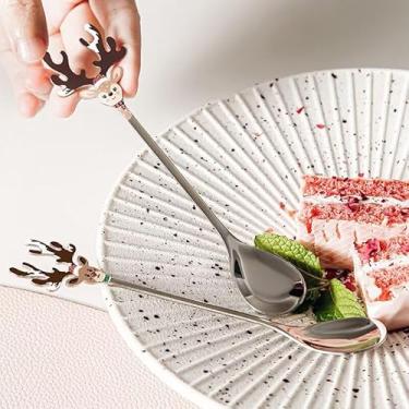 Imagem de 2 colheres de rena de aço inoxidável de 14 cm de desenho animado, chifres de alce, café, sobremesa, utensílios de mesa de Natal, utensílios de cozinha para açúcar, chá, bebida, sorvete, mexer