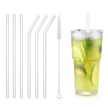 Imagem de Conjunto de 6 canudos de vidro reutilizáveis, tamanho 20 x 8 mm, canudos de vidro de borossilicato transparente com 1 escova de limpeza, ecológico, resistente ao calor, perfeito para batidos, suco