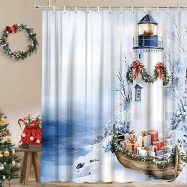 Imagem de WUASDCS Cortina de chuveiro de farol de Natal, inverno, oceano, praia, barco, neve, floresta, Natal, pinheiro, praia, náutico, litoral, aquarela, cenário, decoração de banheiro, cortinas de tecido de
