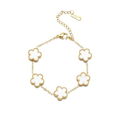 Imagem de Pulseira feminina de trevo da sorte banhada a ouro 18 K, branco/preto/banhado a ouro 18K, flor com cinco folhas, joias modernas, presentes para mulheres, One Size, Aço inoxidável Aço inoxidável