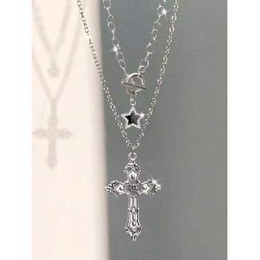 Imagem de Colar de cruz gótica, 2 peças, pingente de pentagrama preto, colar de zircão incrustado, joias bonitas para mulheres