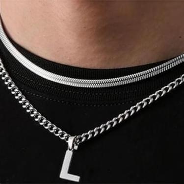 Imagem de Coleção de 26 colares com pingente de alfabeto em camadas, design de corrente dupla (cobra e elos cubanos), joias urbanas hip hop para uso diário e casual, One Size, Aço inoxidável, Sem Pedra Preciosa