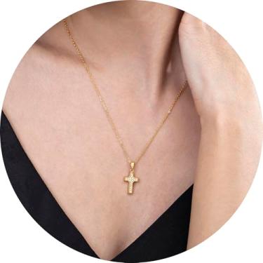 Imagem de Colar elegante com pingente de cruz para mulheres, joias cristãs religiosas com pedras brilhantes, colar leve de fé 35,5 cm + 5,7 a 45,7 cm + corrente de 5 cm, 16+2 Inches, Aço inoxidável, Sem Pedra