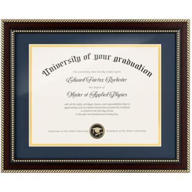 Imagem de FLYJOE Moldura de diploma de 28 x 35 cm para documento de certificado de 21 x 28 cm com vidro temperado HD azul sobre dourado, moldura de formatura para exibição de diploma, mogno (tiras douradas