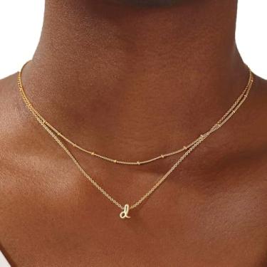 Imagem de Colar com inicial em camadas com corrente ajustável, joia minimalista com pingente de camada dupla, 35,5 cm + 40,6 cm + 5,8 cm a 68 cm com extensor de 5 cm para uso diário, 14+2in/16+2in, Aço