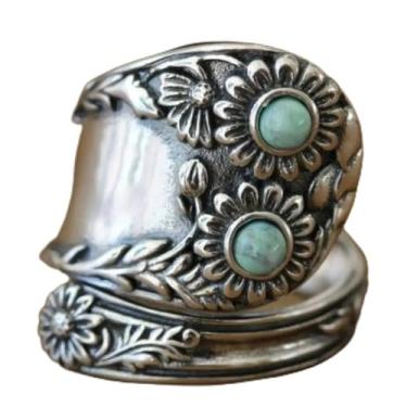 Imagem de Anéis de abertura vintage com pedra turquesa sintética joia feminina para festa acessórios de cor prata, adjustable, Metal, Turquesa sintética