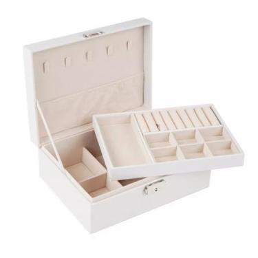 Imagem de Porta Joia Acrílico 3 Camadas Brinco Anel Compartimento caixa de armazenamento de jóias (Branco com chave)