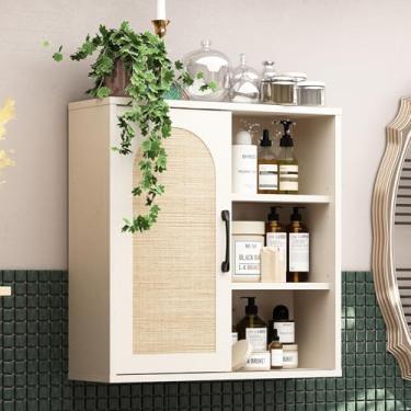 Imagem de RUSTOWN Armário de parede Boho Rattan, armário de banheiro de meados do século com porta deslizante, prateleiras ajustáveis, armário de armazenamento sobre o vaso sanitário (branco vintage)