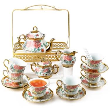 Imagem de YTDTKJ Conjunto de chá de cerâmica para mulheres, 21 peças, conjunto de chá rosa com prateleira dourada, conjunto de chá de porcelana com pratos e colheres, conjunto de xícaras de café para jantar