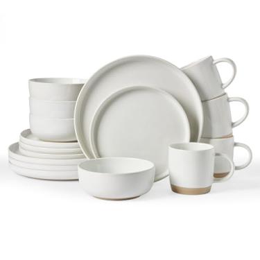 Imagem de Famiware Conjunto de louça Milkyway com canecas, serviço para 4 (16 peças), conjuntos de pratos e tigelas de grés canelados, resistente a lascas e arranhões, seguro para micro-ondas e lava-louças
