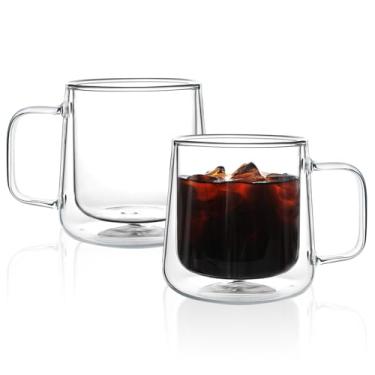 Imagem de Aurzen Canecas de café de vidro de 370 ml, copos de vidro isolados de parede dupla com alça, canecas de café expresso transparentes para latte, cappuccino, saquinho de chá (2, 368 g)