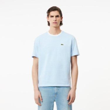 Imagem de Camiseta Lacoste Listrada de Algodão Pesado, Branco, Azul, XL
