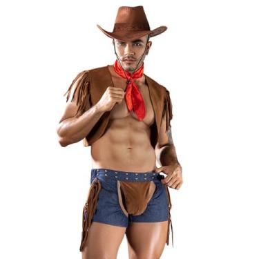 Imagem de HÖTER Conjunto de lingerie masculina sexy de cowboy – Fantasia de cosplay de bar de uniforme para despedida de solteiro, boate, palco