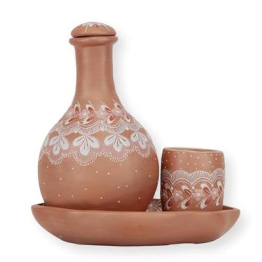 Imagem de Vale do Jequitinhonha Moringa Artesanal em Cerâmica Terracota com Flores Pintadas à Mão, Conjunto com Copo e Aparador, 850ml, (D46B)