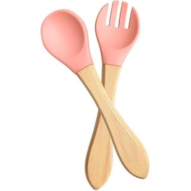 Imagem de Conjunto de Talheres Infantis em Silicone com Cabo de Madeira, Rosa, 2 Peças, BPA Free, para Introdução Alimentar, Macio e Higiênico