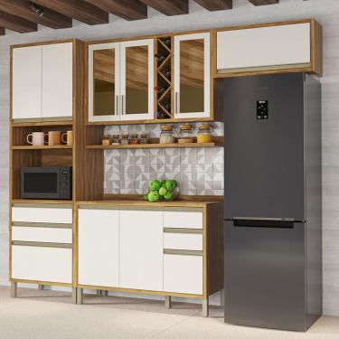 Imagem de Armário de Cozinha Modulada com Balcão e Tampo 9 Portas 5 Gavetas Pérola 100% Mdf Vidro Reflecta Amêndoa/Off White - Pnr Móveis