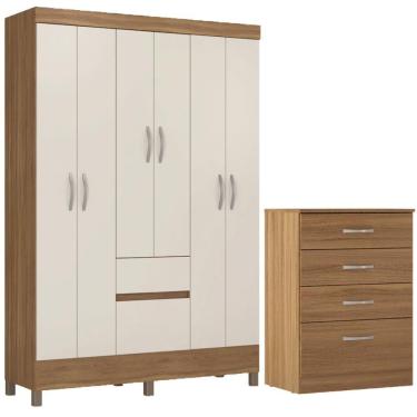 Imagem de Kit Guarda Roupa Solteiro 6 Portas Flash Ii Cômoda Astral - Amêndola Touch Off White