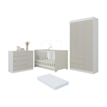 Imagem de Quarto de Bebê Completo Berço Americano 3 em 1 Colchão Encanto Multimóveis Mp4605 Branco/off White