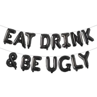 Imagem de Artigos de festa de suéter feio, balões Eat Drink & Be Ugly Swey, suéter feio de Natal, decorações de festa para amigos, suéter feio de Natal (EAT DRINK & BE UGLY Preto)