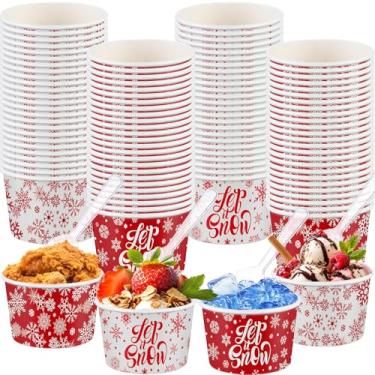 Imagem de Teenyyou 100 peças de copos de lanche de inverno de 255 g com colheres tigelas de sorvete, petiscos de Natal, copos de sobremesa, tigelas de sopa de papel para comida quente ou fria suprimentos de