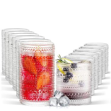 Imagem de FULGNU Hobnail Conjunto de 12 copos vintage de 335 ml e conjunto de copos de coquetel de 293 ml, copos de vidro em relevo para cozinha, cerveja, suco, coquetel, uísque, leite