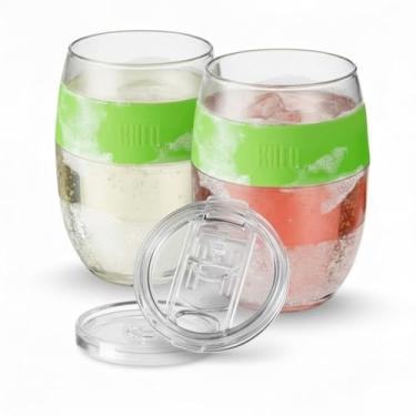 Imagem de Khen Copos de vinho sem haste de resfriamento acrílico, copos de vinho congeláveis de 368 g com tampa e aderência verde | Copos isolados de parede dupla para vinho tinto e branco, coquetéis, café