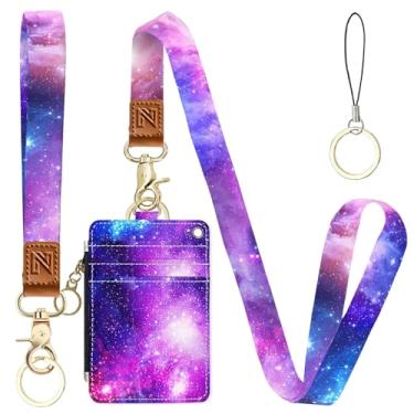 Imagem de Céu estrelado roxo 2 em 1 porta-crachá de identidade e carteira com cordão para professores, enfermeiras, profissionais - linda bolsa de moedas com zíper, alça de pulso removível e cordão de pescoço