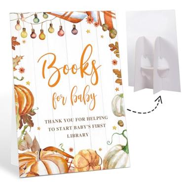 Imagem de Decorações de chá de bebê de abóbora de outono, placa de livros para bebê, placa de mesa de presentes de 20 x 28 cm para decorações de revelação de gênero de abóbora, primeiras atividades de