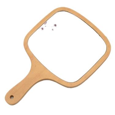 Imagem de lasenersm 1 espelho de maquiagem de madeira, borda curvada, quadrado, espelho portátil com alça, espelho cosmético de lado único, espelho de mão espelho de penteadeira, 19 x 29 cm, madeira