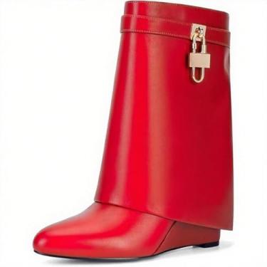 Imagem de Botas femininas dobráveis, largas, cano médio, salto plataforma, bico redondo, couro sintético, botas de tubarão com cadeado, Vermelho curto., 37