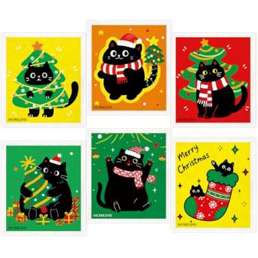 Imagem de Morigins Toalha de cozinha sueca de gato preto de Natal colorido floco de neve de inverno toalha de mão absorvente de sino de Natal reutilizável pano de limpeza de cozinha de secagem rápida pano de