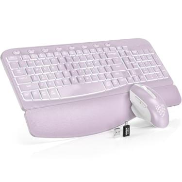 Imagem de SABLUTE Combo ergonômico de teclado e mouse sem fio – teclado Wave com descanso de pulso de couro macio, teclas resistentes, conjunto recarregável com retroiluminação RGB para PC/Mac/Chromebook (roxo)