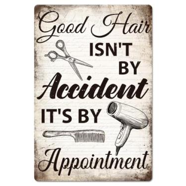 Imagem de GLOBLELAND Placa de metal para barbearia "Good Hair Isn't By Accident, It's By Appointment", placa vintage de metal para salão de beleza, 30,5 x 20,3 cm, engraçada, decoração de parede, placas de lata